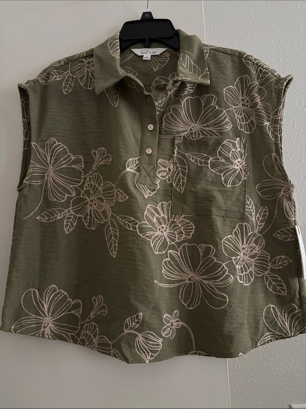 Sleeveless Olive Floral Button Polo Tunic by Lou & Grey